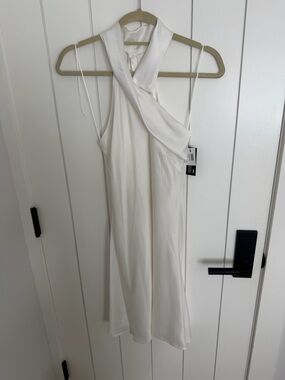 Galvan London Silk Sleeveless Cream Halter Midi Dress with Draped Cross Neck